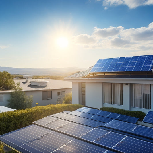 A serene residential rooftop with three solar panels of varying sizes and designs, each with a subtle price tag icon above it, set against a bright blue sky with fluffy white clouds.