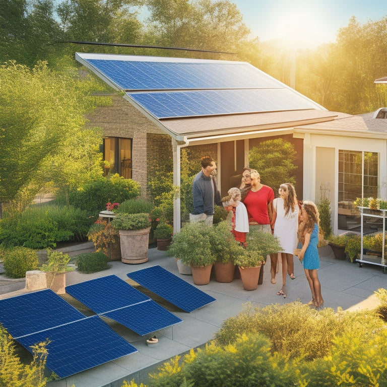 A sun-drenched rooftop adorned with solar panels, surrounded by green trees and a vibrant garden. In the background, a family joyfully discusses energy savings, with charts and dollar signs subtly integrated into the scene.