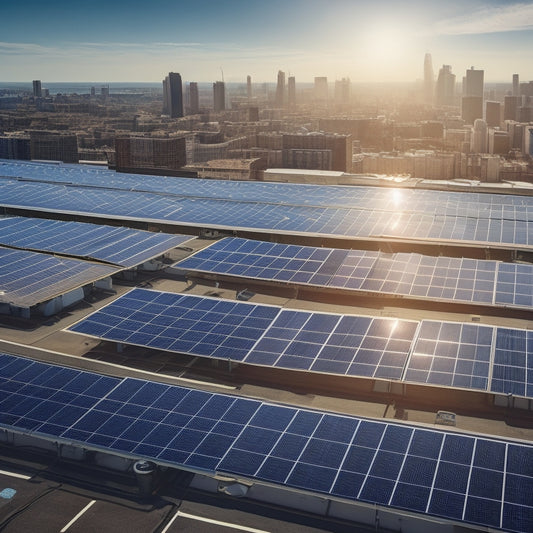 A sunny rooftop with multiple rows of sleek, black solar panels at varying angles, surrounded by commercial buildings and a subtle grid pattern in the background.