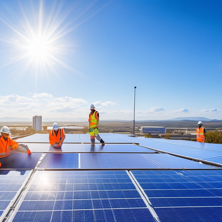 A bright blue sky with fluffy white clouds, a cityscape in the background, and a large, shiny solar panel installation in the foreground, with a few workers in yellow vests and hard hats inspecting the panels.