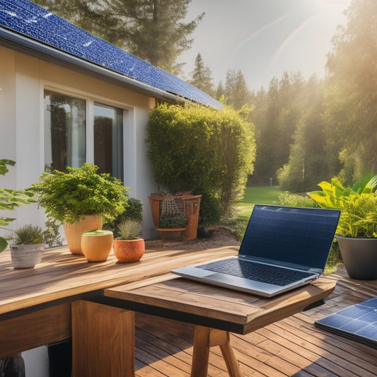 A bright, modern home with rooftop solar panels, surrounded by lush greenery and sunlight. A laptop displaying a solar panel shopping website on a sleek wooden table, with a cozy, inviting home office setup.