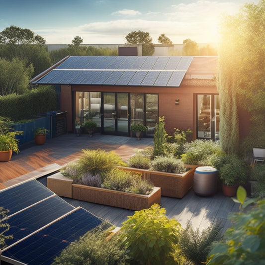 A sunlit rooftop adorned with gleaming solar panels, surrounded by lush greenery. A gentle breeze rustles leaves as water droplets glisten on the panels, showcasing eco-friendly cleaning tools like soft brushes and biodegradable sprays nearby.