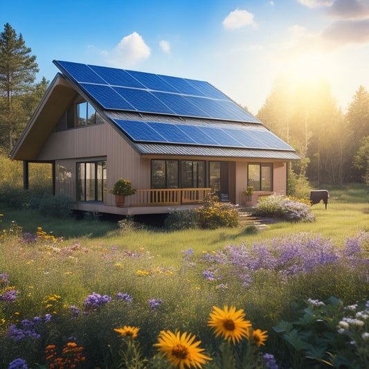 A sunny outdoor scene featuring a modern off-grid home surrounded by lush greenery, with solar panel kits installed on the roof, vibrant wildflowers in the foreground, and a clear blue sky above.