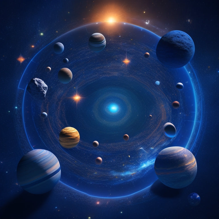 A stylized, futuristic illustration of a 3D solar system model, with orbiting planets, asteroids, and spaceships, surrounded by holographic blueprints, diagrams, and orbit trajectories, set against a dark blue starry background.