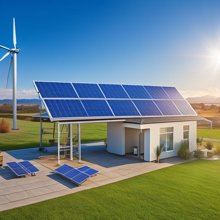 An illustration depicting a residential solar panel energy system, featuring a rooftop array of photovoltaic panels, an inverter, a battery bank, a charge controller, and a monitoring system, set against a sunny blue sky.