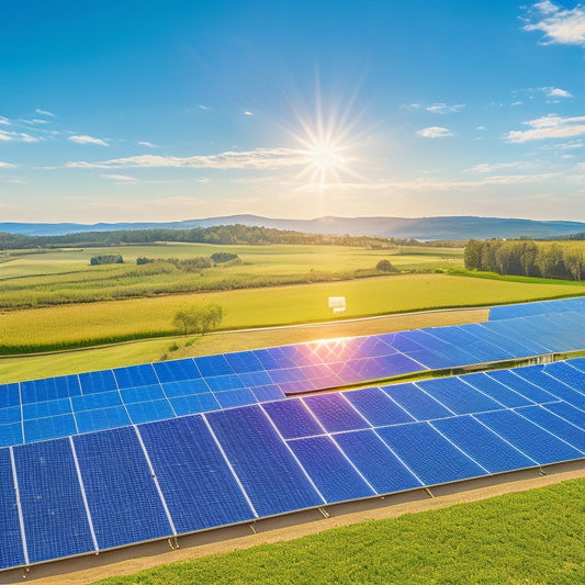 A vibrant solar farm with gleaming panels under a clear blue sky, surrounded by lush green fields, with modern eco-friendly buildings in the background, showcasing a harmonious blend of nature and sustainable technology.