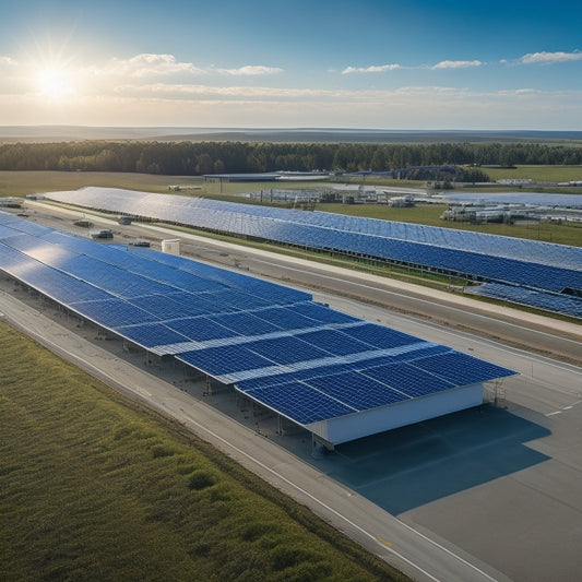 An aerial view of a modern industrial complex with various roof-mounted solar panels, a parking lot with solar canopies, and a ground-mounted solar farm in the background.