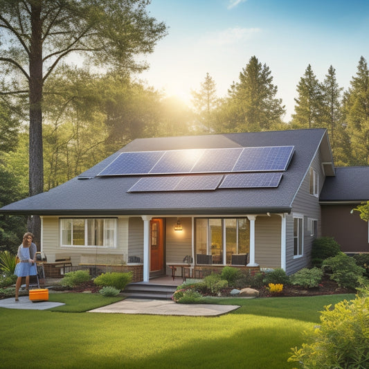 A serene suburban home with a mix of solar panels and traditional roofing, a sunny backyard with a few trees, and a small electric meter displaying a decreasing usage amount.