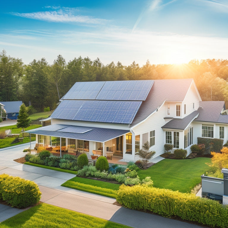 A serene suburban neighborhood featuring a modern home with sleek solar panels on the roof, surrounded by lush greenery, blue skies, and a friendly technician installing equipment, showcasing the benefits of renewable energy.