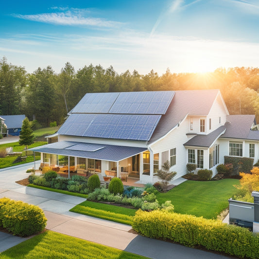 A serene suburban neighborhood featuring a modern home with sleek solar panels on the roof, surrounded by lush greenery, blue skies, and a friendly technician installing equipment, showcasing the benefits of renewable energy.