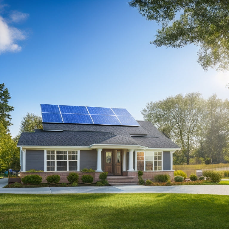 A serene suburban home with a moderate-sized rooftop solar panel installation, partially shaded by a few trees, with a sunny blue sky and fluffy white clouds in the background.