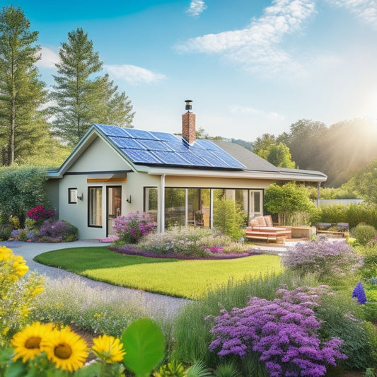 A serene eco-friendly home with solar panels glistening in sunlight, a lush garden with colorful flowers, a wind turbine in the background, and a rainwater collection system, all surrounded by vibrant greenery.