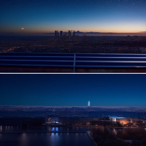 A split-screen image featuring a dark blue night sky with a cityscape in the distance, contrasted with a bright, sunlit rooftop covered in sleek, high-efficiency solar panels at varying angles.