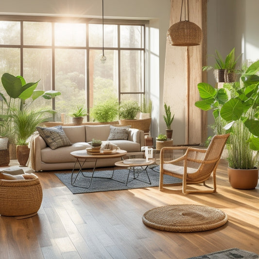 A serene, sunlit room showcasing reclaimed wood flooring, bamboo furniture, and recycled glass decor. Lush indoor plants and natural light enhance the eco-friendly atmosphere, reflecting a harmonious blend of sustainability and modern design.