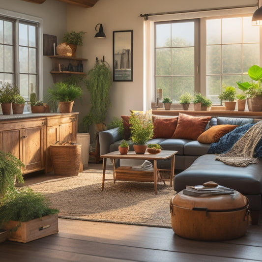 A cozy living room with reclaimed wood furniture, indoor plants, energy-efficient windows, solar panels on the roof, and a compost bin in the corner, all bathed in warm, natural light.