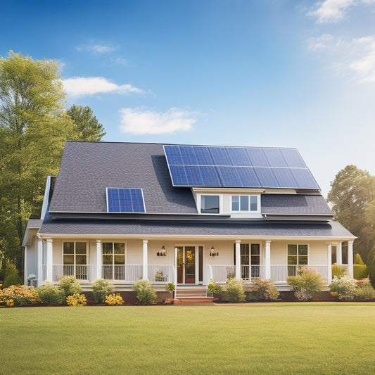 A serene suburban home with a slight angle, showcasing a roof with 10 solar panels installed, surrounded by lush green trees, under a clear blue sky with a few white, puffy clouds.