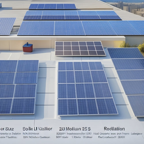 An illustration of various solar panel sizes (250W, 300W, 350W, 400W) arranged on a rooftop, showcasing different installation configurations and layouts, with shadows and reflections.