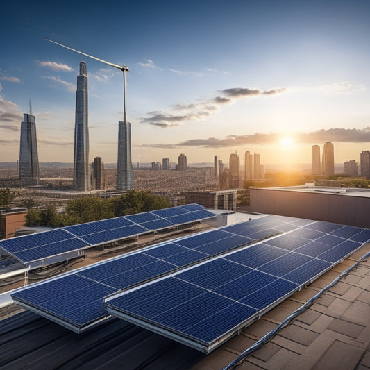 Generate an image depicting a commercial rooftop with multiple solar panels, a cityscape in the background, and a large, central inverter with wires and cables connecting the panels to it.