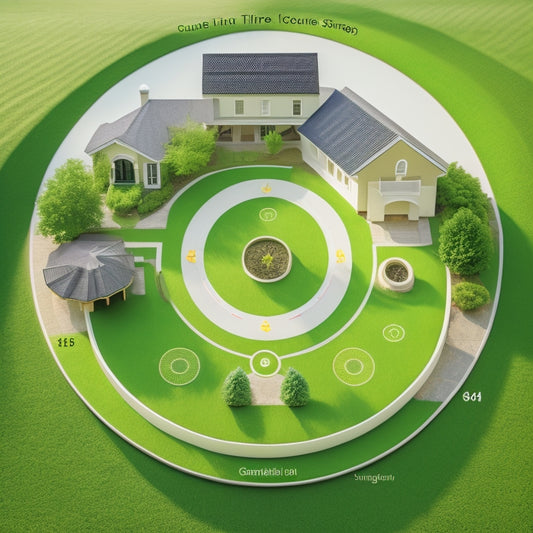 A diagram featuring a house with a green lawn, surrounded by three concentric circles. Each circle represents a step, with illustrations of a calculator, a roof, and a solar panel array, respectively.