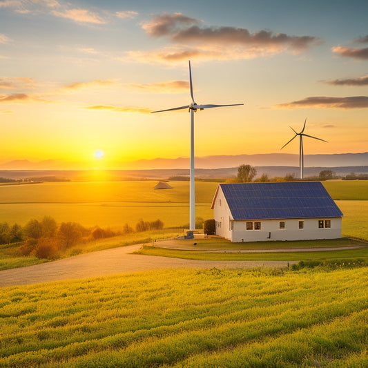 A serene rural landscape showcasing solar panels on a farmhouse roof, surrounded by green fields and a clear blue sky, with a wind turbine in the distance and a vibrant sunset casting warm hues.