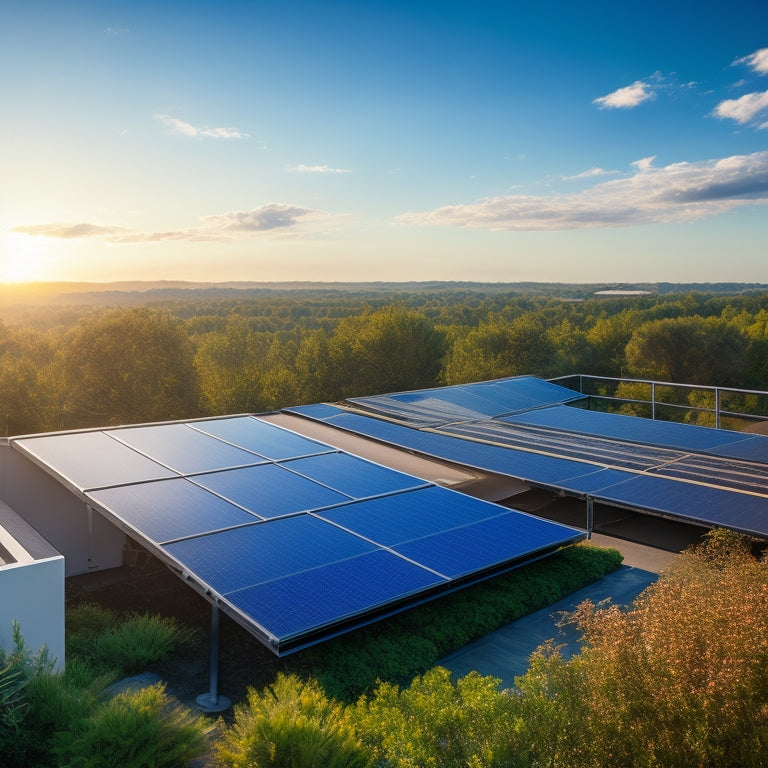 A serene rooftop scene with 10 sleek, black solar panels installed, surrounded by lush greenery, under a bright blue sky with a few puffy white clouds, with a subtle sun glow.