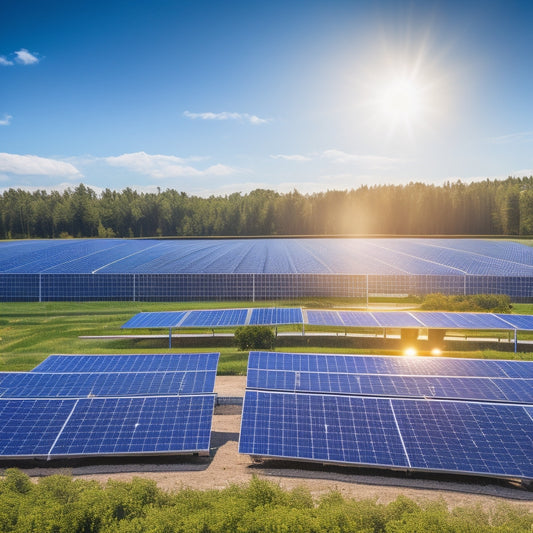 A vibrant solar farm with rows of gleaming solar panels under a bright blue sky, surrounded by lush greenery and a modern eco-friendly business building with large windows reflecting the sun's rays.