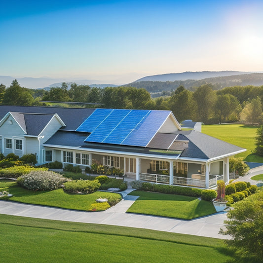 A serene suburban landscape with a mix of modern and traditional homes, each featuring a unique solar panel installation, showcasing various brands and designs against a bright blue sky.