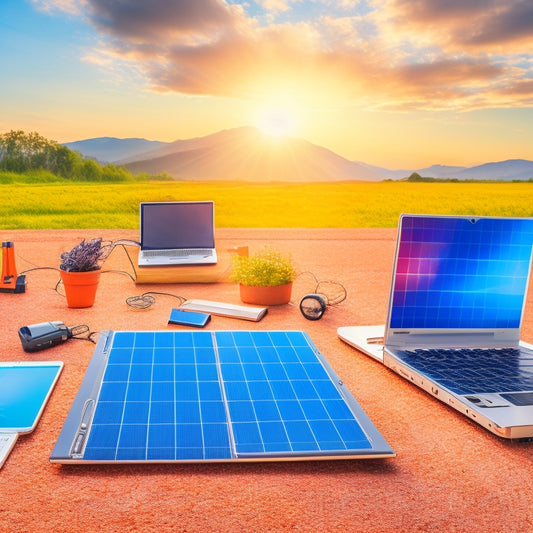 A bright, sunny background with a laptop in the center, surrounded by scattered solar panels, wires, and a few energy-efficient gadgets, with a subtle grid pattern of website icons in the background.