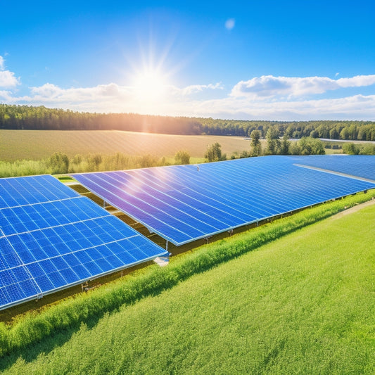 A vibrant solar farm with sleek panels glistening under a bright blue sky, surrounded by greenery and modern eco-friendly buildings, showcasing a harmonious blend of nature and technology, symbolizing sustainability and clean energy.
