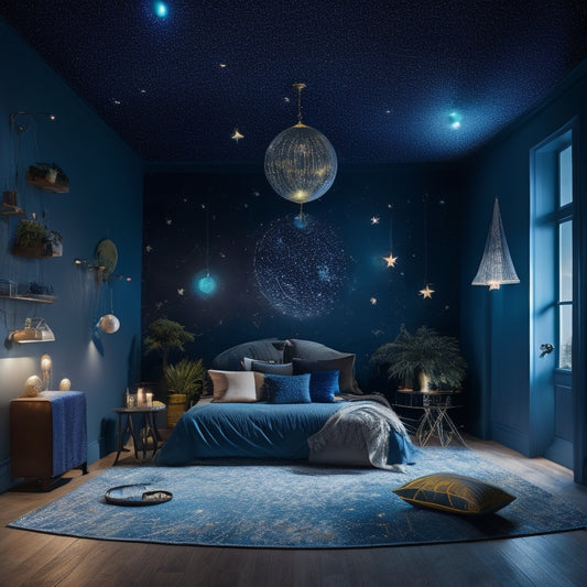 A whimsical, celestial-inspired room with a dark blue walls and twinkling string lights, featuring a giant, glow-in-the-dark moon, suspended planetary mobiles, and a constellation-patterned area rug.