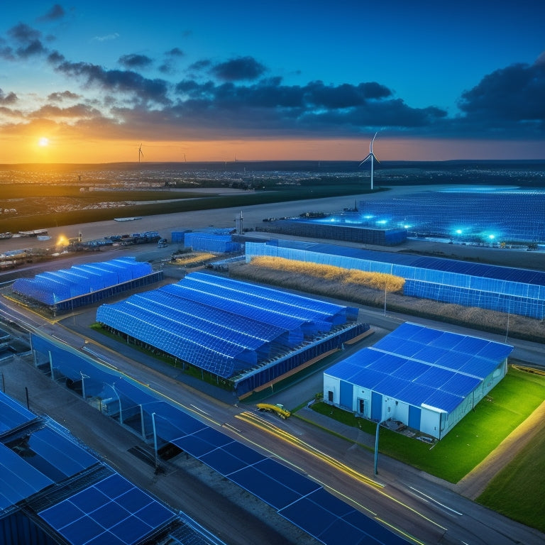 A sprawling factory complex with rows of solar panels on rooftops, wind turbines spinning in the background, and a large battery storage unit with glowing blue lights.