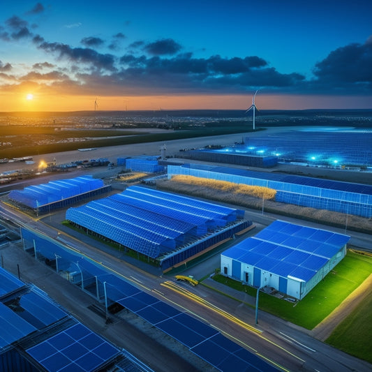 A sprawling factory complex with rows of solar panels on rooftops, wind turbines spinning in the background, and a large battery storage unit with glowing blue lights.