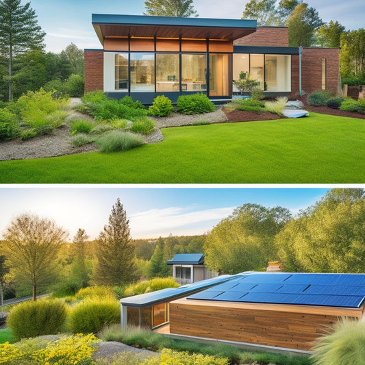 A modern home with solar panels, a green living roof adorned with native plants, rainwater collection system, energy-efficient windows, and a natural stone facade, all surrounded by flourishing gardens and a wooden deck.