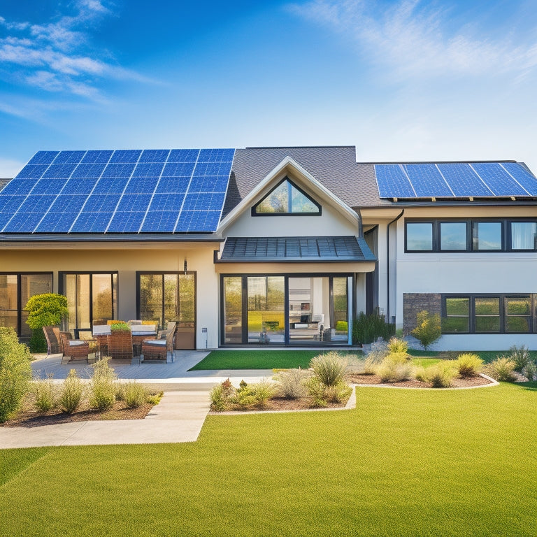 A modern suburban home with a sleek rooftop solar panel installation, lush green lawn, clear blue sky, and bright sunlight reflecting off the panels, showcasing efficient energy solutions and eco-friendly living.