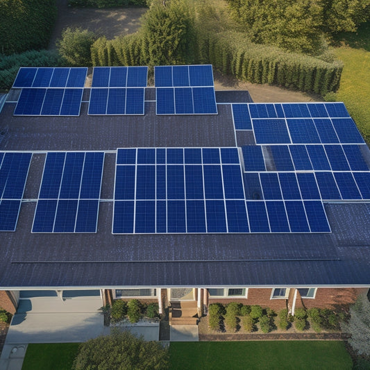 Aerial view of a residential roof with multiple large, dark blue solar panels (380-400 watts each) installed in a staggered pattern, with silver mounting systems and connecting wires.