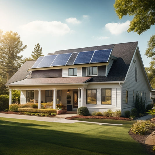 A serene suburban home with a mix of sunny and shaded areas, featuring a prominent solar panel installation on the roof, with a few panels tilted at different angles.