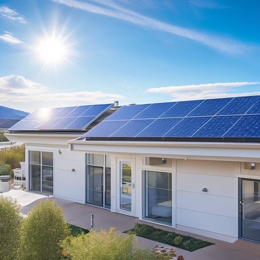A sunny suburban rooftop with various solar panel configurations, including a flush-mounted array, a tilted array with a slight angle, and a solar roof tile integration, amidst a backdrop of blue sky and fluffy white clouds.