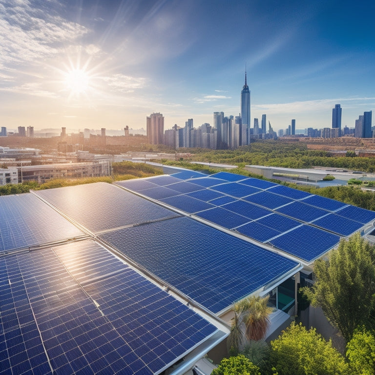 A vibrant commercial rooftop adorned with sleek solar panels, surrounded by lush greenery and a clear blue sky, showcasing energy efficiency with a modern city skyline in the background, reflecting sustainability and innovation.