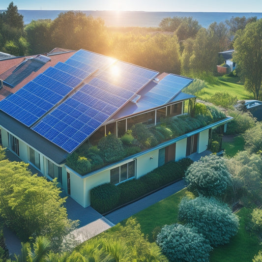 A vibrant rooftop covered in solar panels, basking in sunlight, surrounded by a lush green garden. In the background, a clear blue sky and a modern home with energy-efficient features.