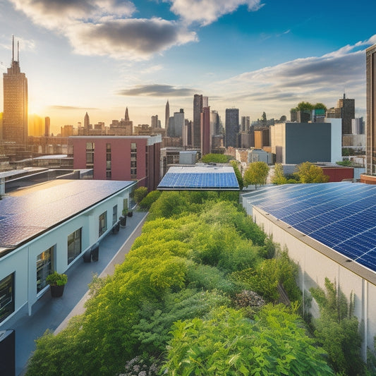 A vibrant urban rooftop adorned with sleek solar panels, surrounded by lush greenery, urban gardens, and modern buildings under a clear blue sky, highlighting sustainability and eco-friendly energy solutions in a bustling cityscape.