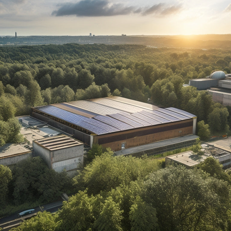 An aerial view of a former factory with rusted metal beams, now revitalized with sleek, silver solar panels covering its rooftop, surrounded by lush greenery and a bustling cityscape.