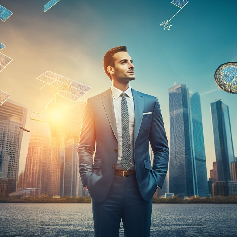 An illustration of a businessman standing in front of a cityscape with multiple solar panels and dollar signs orbiting around him, surrounded by puzzle pieces fitting together.