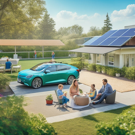 A sun-drenched rooftop adorned with sleek solar panels, surrounded by lush greenery, a small wind turbine nearby, and a family enjoying a picnic while electric cars charge in the driveway under a clear blue sky.