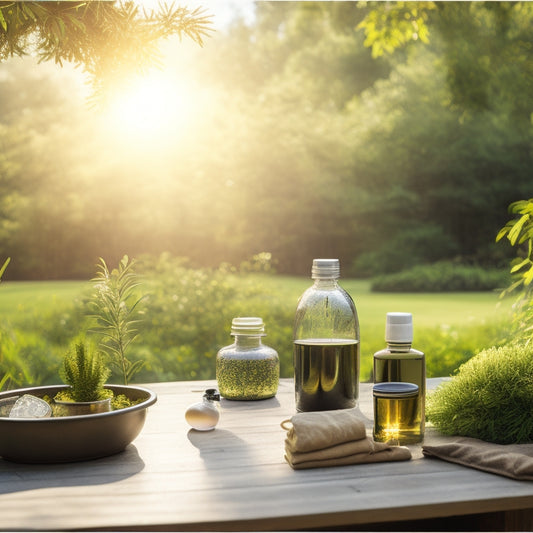 A serene outdoor scene featuring solar panels glistening under sunlight, surrounded by lush greenery. Nearby, eco-friendly cleaning products in elegant packaging rest on a wooden table, with droplets of water reflecting nature's beauty.