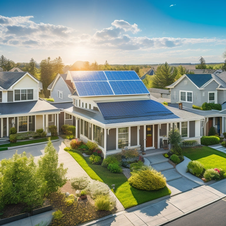 A suburban neighborhood with homes featuring sleek solar panels on their roofs, bathed in bright sunlight, showcasing different solar panel brands, with some homes having happy families and vibrant gardens.