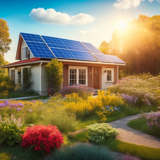 A vibrant landscape featuring solar panels glistening under the sun, surrounded by lush greenery, a small eco-friendly home, blooming flowers, and a clear blue sky, emphasizing harmony between technology and nature.