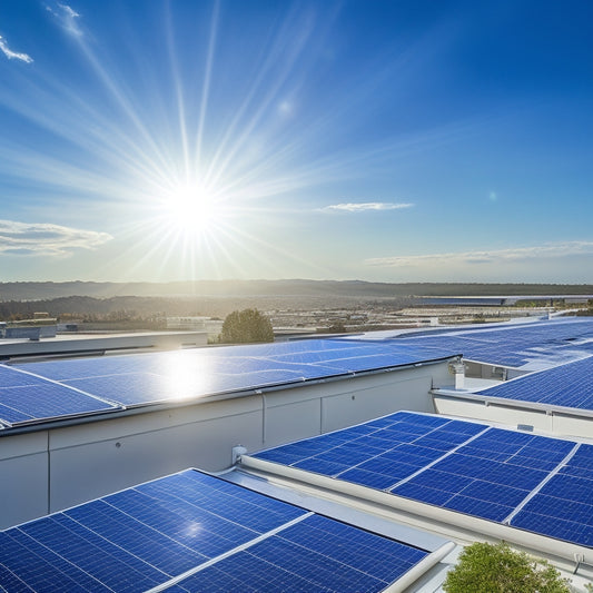 Illustrate a sleek, modern rooftop with 10-12 high-efficiency solar panels, each with a subtle reflective sheen, angled at 30 degrees, amidst a bright blue sky with a few puffy white clouds.