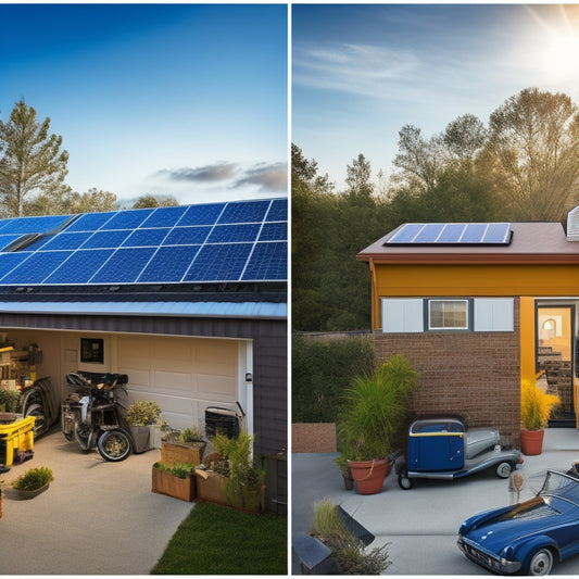 A split-screen image: a rooftop with professionally installed solar panels on one side, and a cluttered garage workshop with DIY solar panel components on the other, including wires, tools, and a half-assembled panel.