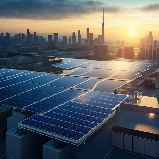 A futuristic rooftop with multiple rows of sleek, high-efficiency solar panels, varying in size and wattage, with a blurred cityscape or suburban background, emphasizing clean energy and sustainability.