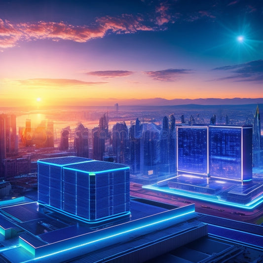 A futuristic, high-tech background with solar panels and a cityscape at sunset, featuring a large, sleek, and modern inverter unit with glowing blue circuits and wires, surrounded by subtle, swirling energy patterns.